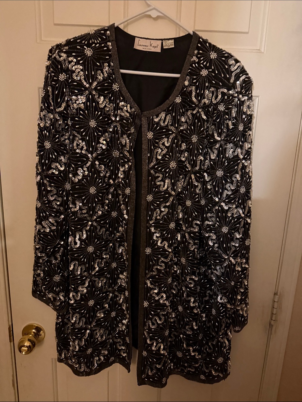 Laurence Kazar Black and Silver Beaded Open-Front Jacket.  Vintage jacket.